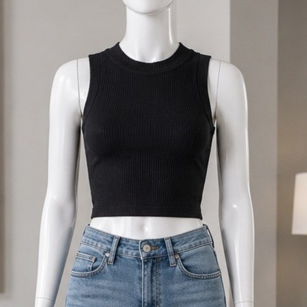 Aura Womens Tank Top Ribbed Seamless Cropped High Neck Black S/M